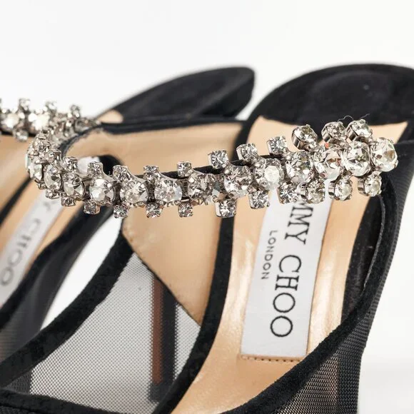 Jimmy Choo Bing 100 Black Mesh & Suede Crystal-Embellished Mules - Picture 7 of 10